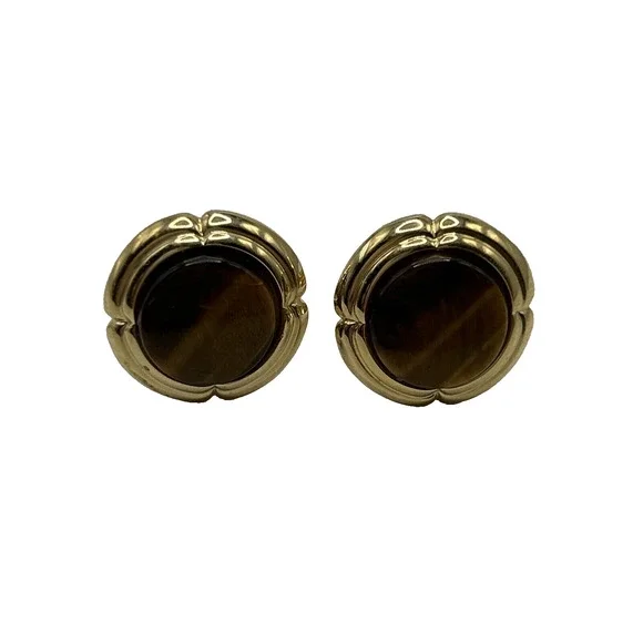 Tiger Eye Cuff Links Brown Gold Tone Round Unsigned - Picture 1 of 9